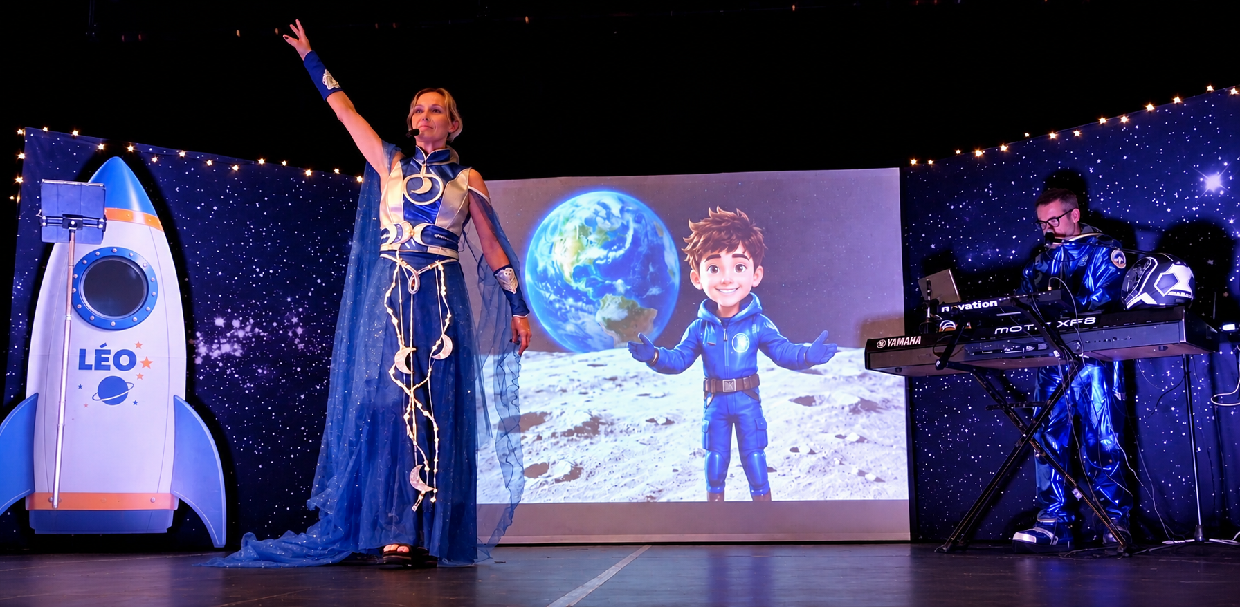 Photographie du spectacle avec Lina, Captain Nova et Léo projeté sur l'écran